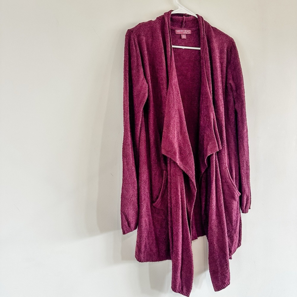 Women's Barefoot Dreams Cozy Chic Lite S/M Cardigan Burgundy Pockets Relax‎ NWOT - Picture 3 of 13